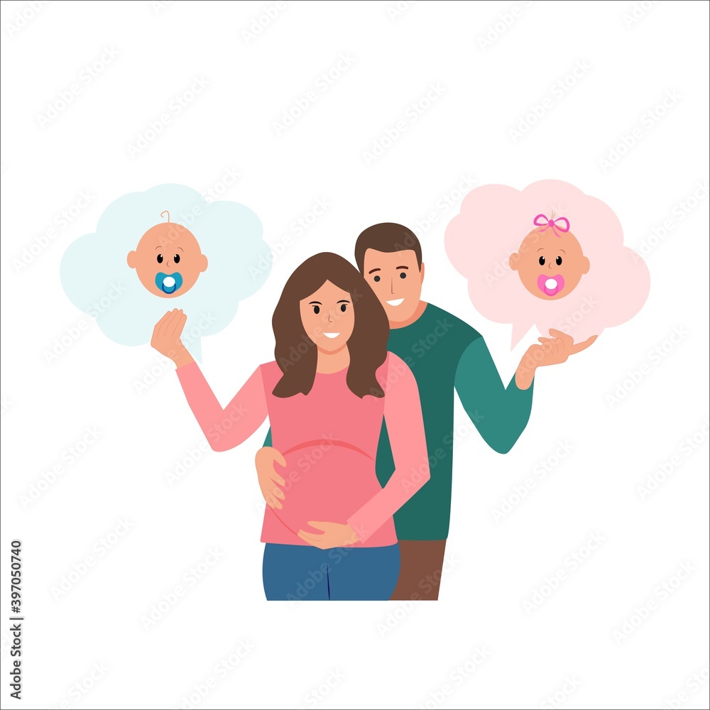 Pregnant couple.Woman and man expecting a baby.Husband and wife, family.It's a boy or girl. Vector illustration Pregnant couple.Woman and man expecting a baby.Husband and wife, family.It's a boy or girl. Vector illustration