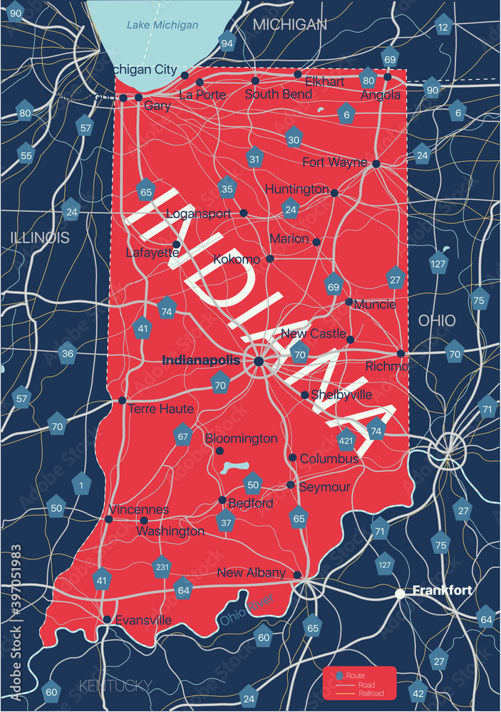 Indiana State Map With Cities Indiana State Detailed Editable Map With With Cities And Towns, Geographic  Sites, Roads, Railways, Interstates And U.s. Highways. Vector Eps-10 File,  Trending Color Scheme – Stock-Vektorgrafik | Adobe Stock