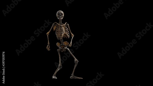 Dancing three dimensional skeleton on a black background photo