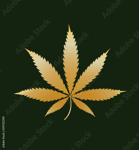 Cannabis or Marijuana golden leaf Vector Template. Isolated illustration on deep green background