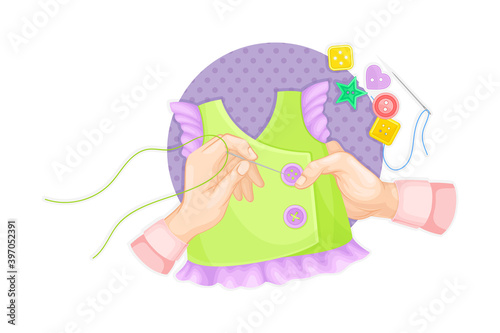 Hands Sewing Buttons on Textile as Handmade Craft Vector Illustration