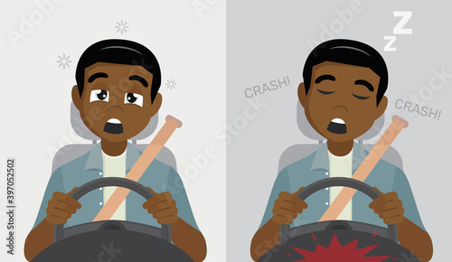 Sleepy African man driver dozing off while driving.