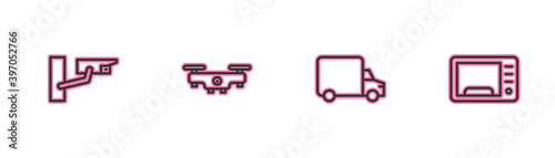 Set line Security camera, Delivery cargo truck, Drone flying and Microwave oven icon. Vector.