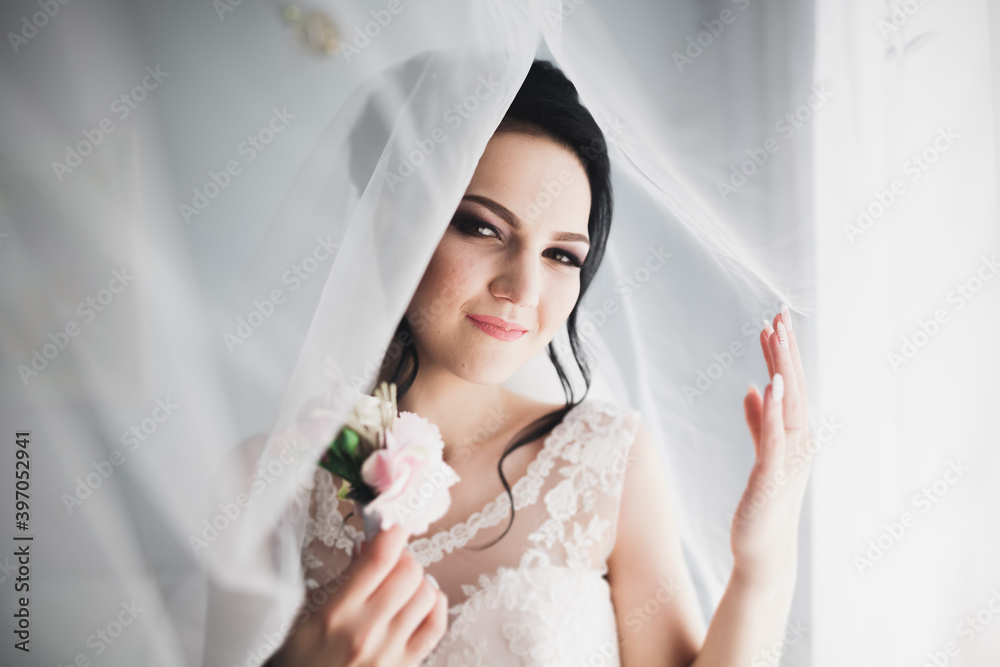 Portrait of beautiful bride with fashion veil at wedding morning Portrait of beautiful bride with fashion veil at wedding morning