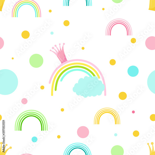 Cute cartoon rainbows seamless pattern. Funny childish ornament on white and transparent background.