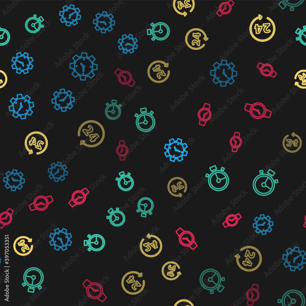 Set line Time Management, Stopwatch, Clock 24 hours and Wrist on seamless pattern. Vector. Set line Time Management, Stopwatch, Clock 24 hours and Wrist on seamless pattern. Vector.