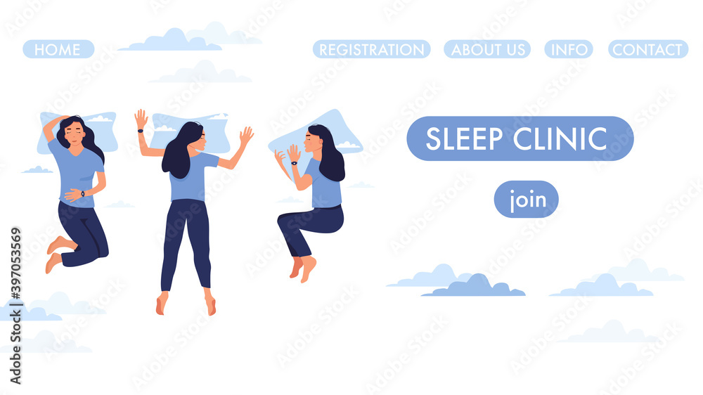 Sleep clinic or laboratory website page template.Woman lying in bed with tracker on her hand.Device controls quality of dream or slumber.Healthcare and melatonin.Somnological center.Vector.Blue color