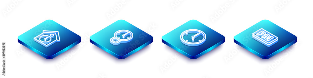 Set Isometric line Retro wall watch, Clock, and PM icon. Vector. Set Isometric line Retro wall watch, Clock, and PM icon. Vector.