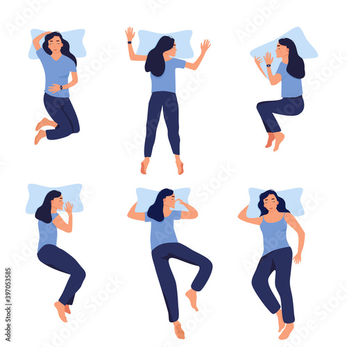 Different sleeping positions.Young woman with fitness tracker on her wrist.Device control quality of slumber during night.Electronic smart watch app.Healthcare and melatonin.Flat style.Blue colors