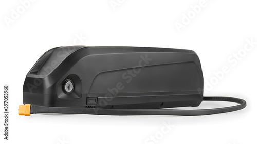 Black electric bike li-ion downtube battery isolated with clipping path