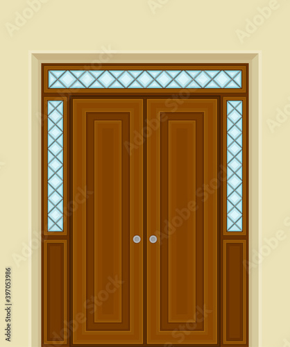 Wooden Double Door with Ornamental Side Window and Doorknob as Building Entrance Exterior Vector Illustration