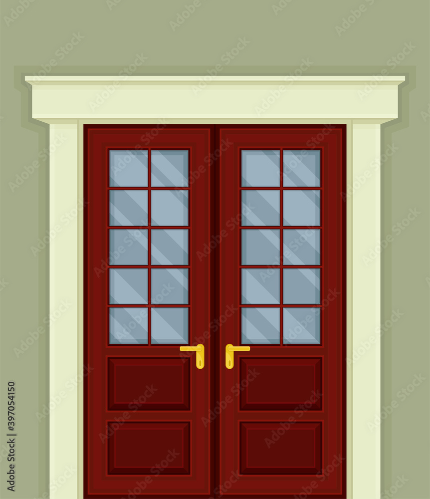 Double Door with Glass Window and Doorknob as Building Entrance Exterior Vector Illustration Double Door with Glass Window and Doorknob as Building Entrance Exterior Vector Illustration