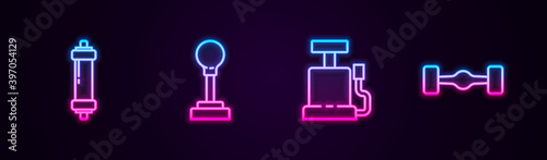 Set line Shock absorber, Gear shifter, Car air pump and Chassis car. Glowing neon icon. Vector.