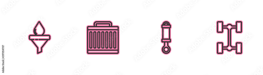 Set line Funnel and oil drop, Shock absorber, Car radiator cooling system and Chassis car icon. Vector. Set line Funnel and oil drop, Shock absorber, Car radiator cooling system and Chassis car icon. Vector.