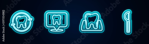 Set line Tooth whitening, Dental clinic location, and floss. Glowing neon icon. Vector.