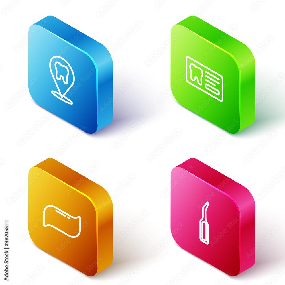 Set Isometric line Dental clinic location, card, Toothpaste and explorer scaler icon. Vector. Set Isometric line Dental clinic location, card, Toothpaste and explorer scaler icon. Vector.