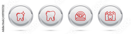 Set line Tooth whitening, , Dental floss and Calendar with tooth. Silver circle button. Vector.