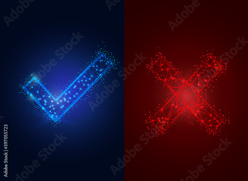 Wireframe of geometric checkmark polygonal design. Low poly wireframe digital vector illustration. Accepted, Approved, Yes, Right, Green, Correct. Futuristic concept on blue background.
