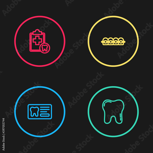 Set line Dental card, Tooth, Teeth with braces and icon. Vector.