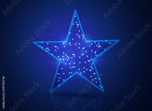 Wireframe of geometric star polygonal design. Low poly digital vector illustration. Light connection structure of modern graphic.. Futuristic concept for reveiw, award, success or winner.