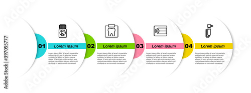 Set line Painkiller tablet, X-ray of tooth, Dentures model and Tooth drill. Business infographic template. Vector.