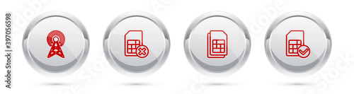 Set line Antenna, Sim card rejected, and . Silver circle button. Vector.