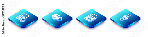 Set Isometric line Sim card, 5G network, Card and Smart watch icon. Vector.