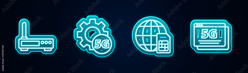 Set line Router and wi-fi signal, Setting 5G network, Globe Sim Card and . Glowing neon icon. Vector. Set line Router and wi-fi signal, Setting 5G network, Globe Sim Card and . Glowing neon icon. Vector.