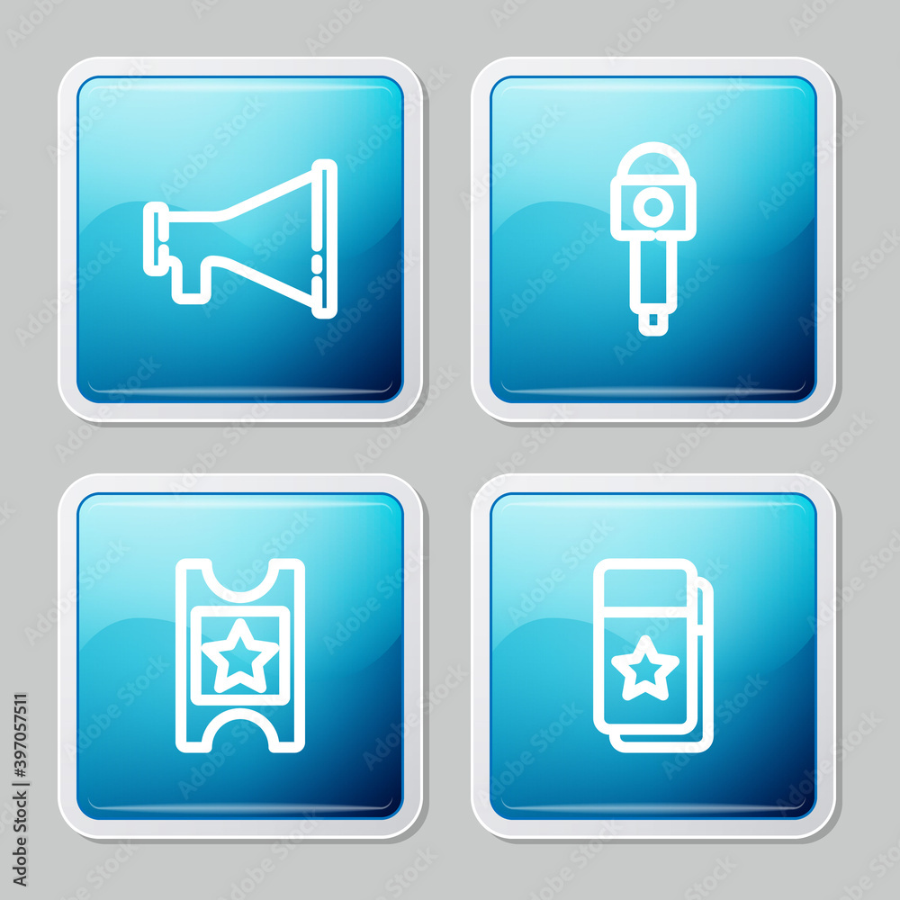 Set line Megaphone, Microphone, Cinema ticket and icon. Vector. Set line Megaphone, Microphone, Cinema ticket and icon. Vector.