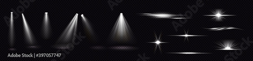 Light beams from spotlights and flashes isolated on transparent background. Vector realistic set of flare effects, bright white rays and glares with sparks. Shines and flares of projector