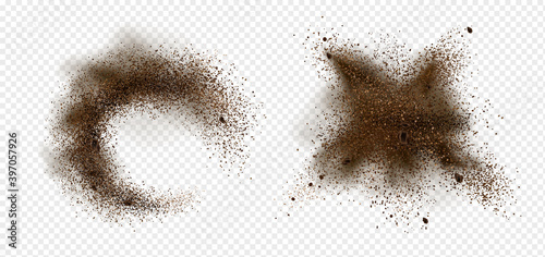 Explosion of coffee beans and powder. Vector realistic illustration of shredded roasted ground coffee and arabica grain pieces with splash of brown dust isolated on transparent background