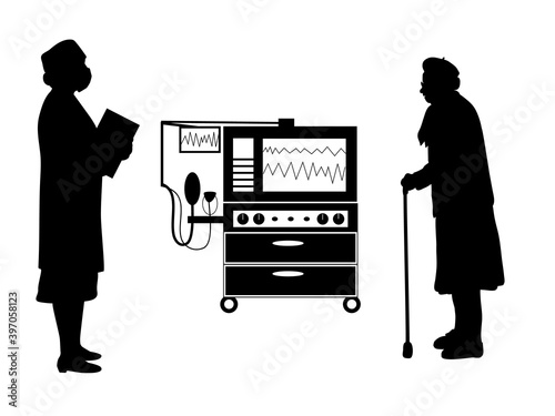 Silhouettes of grandmother and doctor at apparatus for lung