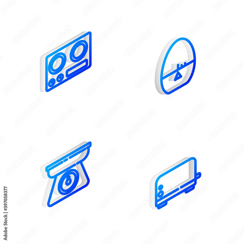 Set Isometric line Kitchen timer, Gas stove, Scales and Toaster icon. Vector.