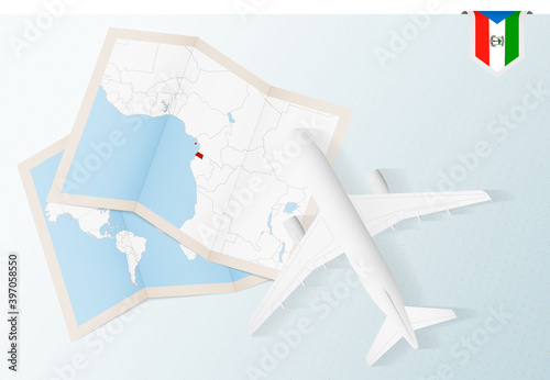 Travel to Equatorial Guinea, top view airplane with map and flag of Equatorial Guinea.