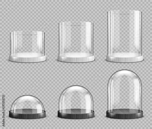 Realistic glass domes and cylinders, christmas snow globe souvenirs, isolated crystal semisphere containers on base small, medium and large size. Festive xmas gift mock up, Realistic 3d vector set