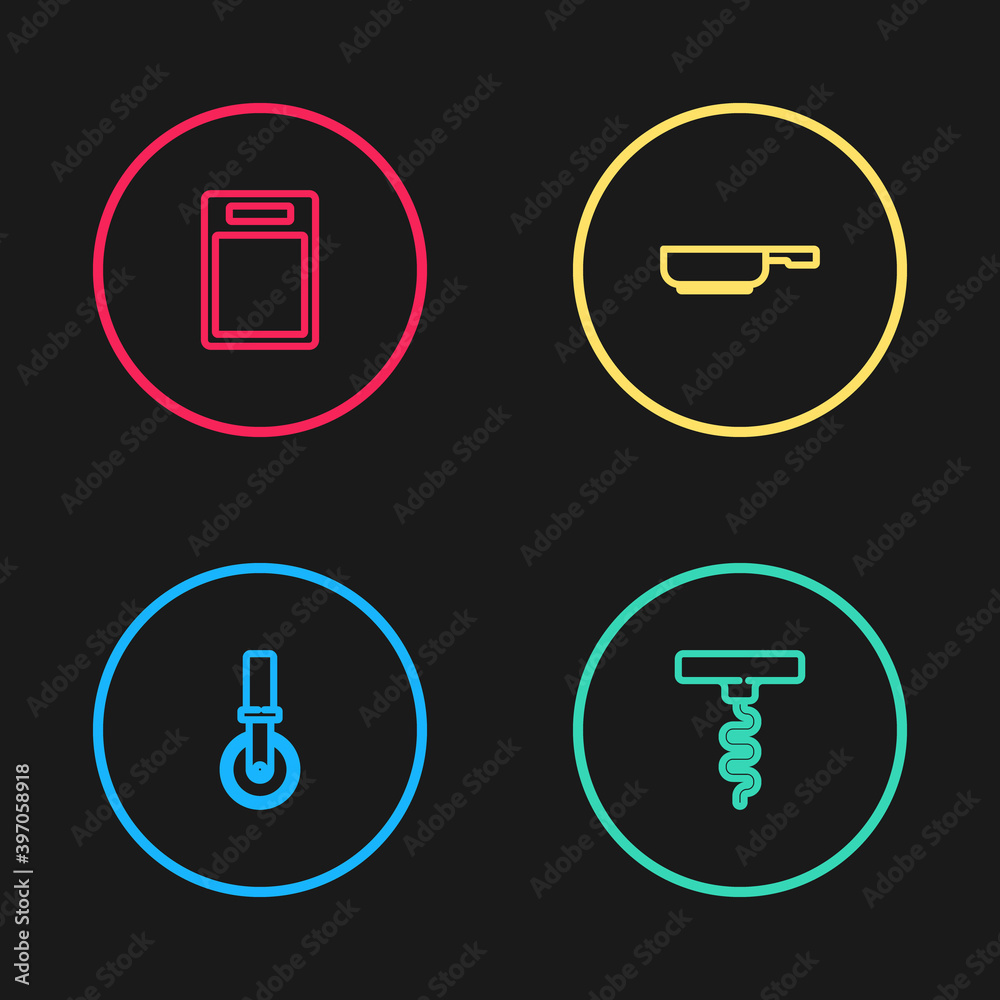 Set line Pizza knife, Wine corkscrew, Frying pan and Cutting board icon. Vector. Set line Pizza knife, Wine corkscrew, Frying pan and Cutting board icon. Vector.