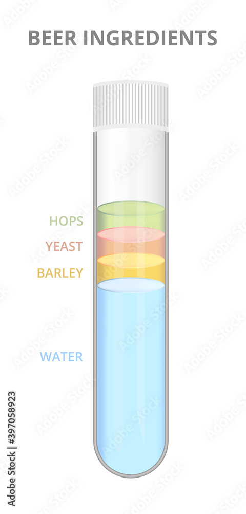 Vector icon of a glass test tube with beer ingredients. Hops, yeast, barley, water. Scientific illustration isolated on a white background. Beer brewing concept. Several layers on top of each other.