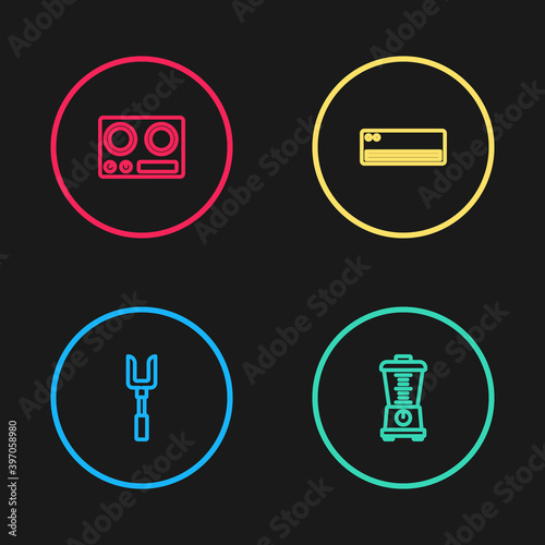 Set line Barbecue fork, Blender, Air conditioner and Gas stove icon. Vector.