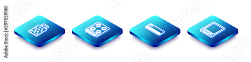 Set Isometric line Grater, Gas stove, Air conditioner and Electronic scales icon. Vector.