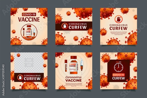 Coronavirus vaccine and curfew concept, social media post templates with realistic illustration.