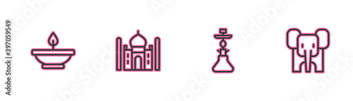 Set line Aroma lamp, Hookah, Taj Mahal and Elephant icon. Vector.