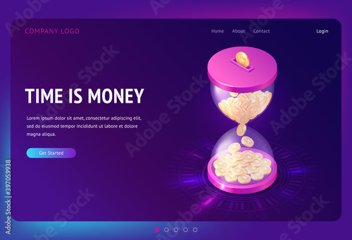 Time is money banner. Business concept of time management, economy and investment. Vector landing page with isometric illustration of golden coins falling in hourglass photo