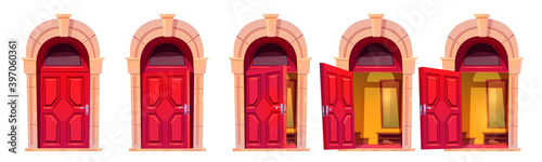 Opening red front door with stone arch isolated on white background. Vector cartoon set of house entrance, hall interior behind closed, ajar and open doors in building facade