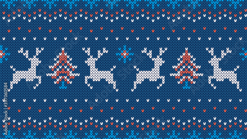 Knit seamless pattern. Christmas texture with deers, tree, snowflakes. Xmas knitted blue sweater background. Holiday fair isle traditional ornament. Festive winter print. Vector illustration.