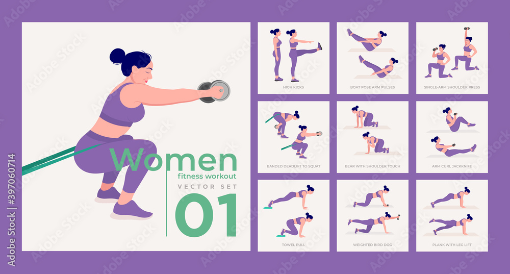 Women Workout Set. Women doing fitness and yoga exercises. Lunges, Pushups,  Squats, Dumbbell rows, Burpees, Side planks, Situps, Glute bridge, Leg  Raise, Russian Twist, Side Crunch .etc Stock Vector