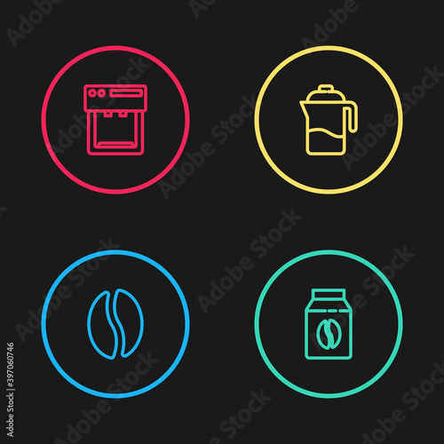 Set line Coffee beans, Bag coffee, French press and machine icon. Vector.