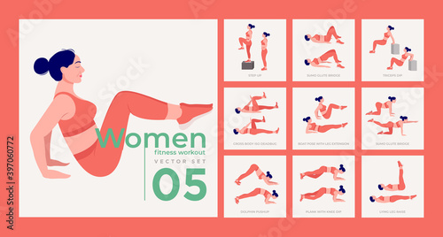 Women Workout Set. Women doing fitness and yoga exercises. Lunges, Pushups, Squats, Dumbbell rows, Burpees, Side planks, Situps, Glute bridge, Leg Raise, Russian Twist, Side Crunch .etc