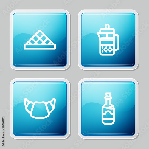 Set line Louvre museum, French press, Croissant and Bottles of wine icon. Vector.