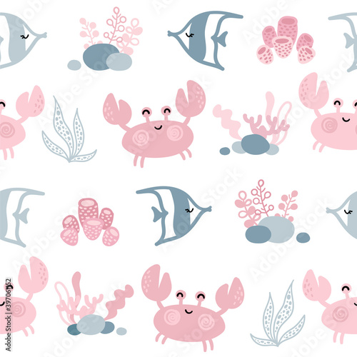 Seamless pattern with cute crabs and fish