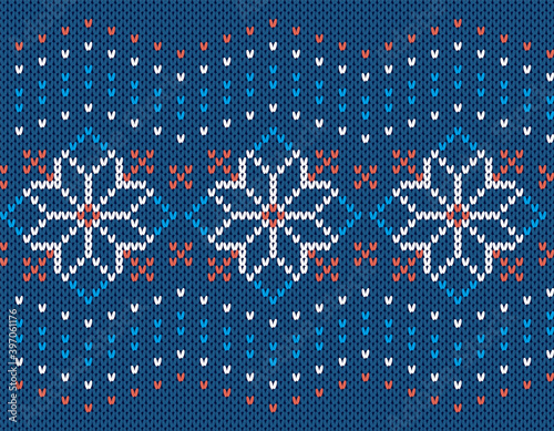 Christmas knit seamless pattern. Blue knitted sweater texture. Print with flowers. Xmas festive background. Holiday fair isle traditional ornament. Geometric wool pullover. Vector illustration.